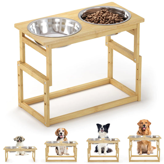 Elevated Dog Bowls for Large Dogs Bamboo Raised Dog Bowl Stand with 2 Large Water Food Bowls Wooden Elevated Raised Dog Bowls for Large Medium Small Sized Dogs (White Medium 2.5L)