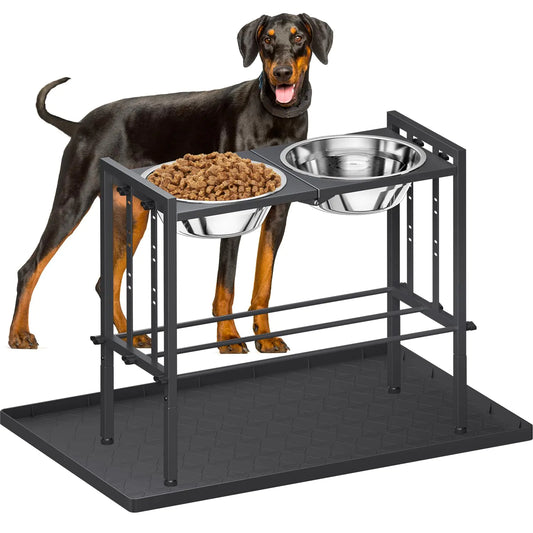 Raised Dog Bowls Large Sized Dog - Metal Elevated Dog Bowls for Large Breed with 3 Adjustable Heights Perfect Sturdy Dog Bowl Stands for Large and Extra Large Size Dogs Black with Feeding Mat